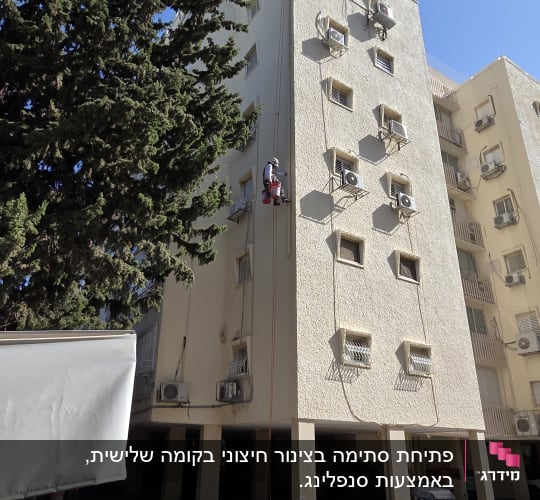 אדם עובד בגובה על בניין עם מזגנים